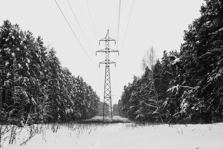 A line of high-voltage pylons running through a snow-covered forest